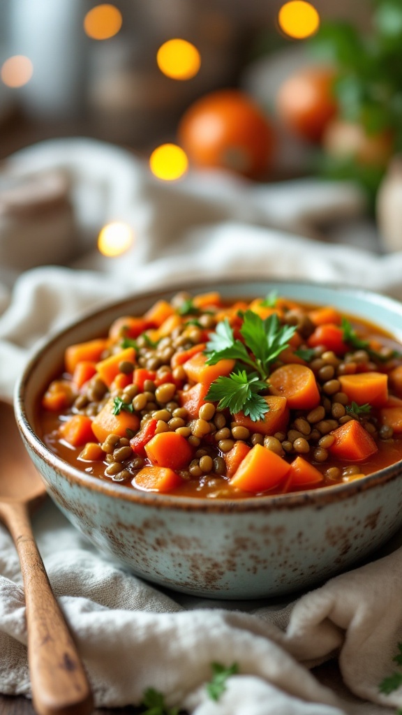A bowl of vegan lentil stew with carrots, lentils, and tomatoes, garnished with parsley, on a wooden table.